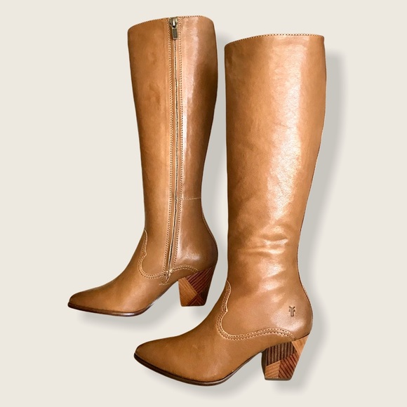 $458 RARE Frye Reed Chevron Heel Cognac Leather Tall Knee High Winter/Fall Boots - Picture 10 of 16